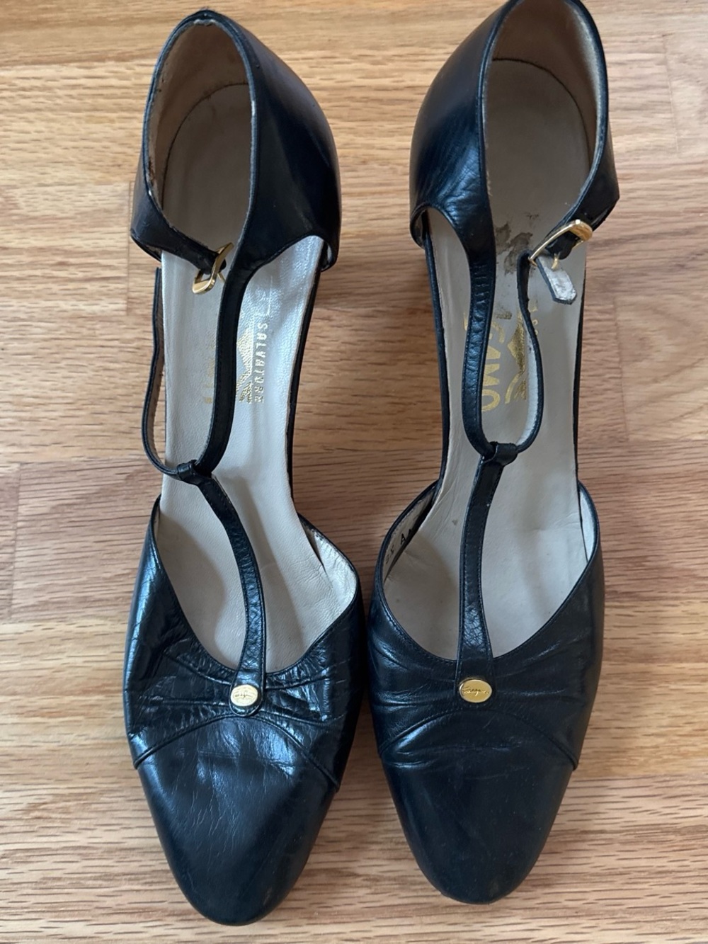 Vintage Ferragamo Black T-Strap Women's Heels 38.5